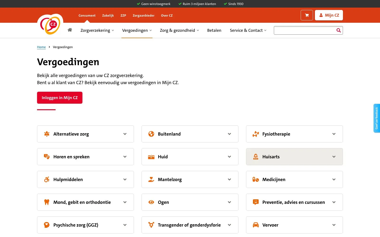 Screenshot of CZ Vergoedingen