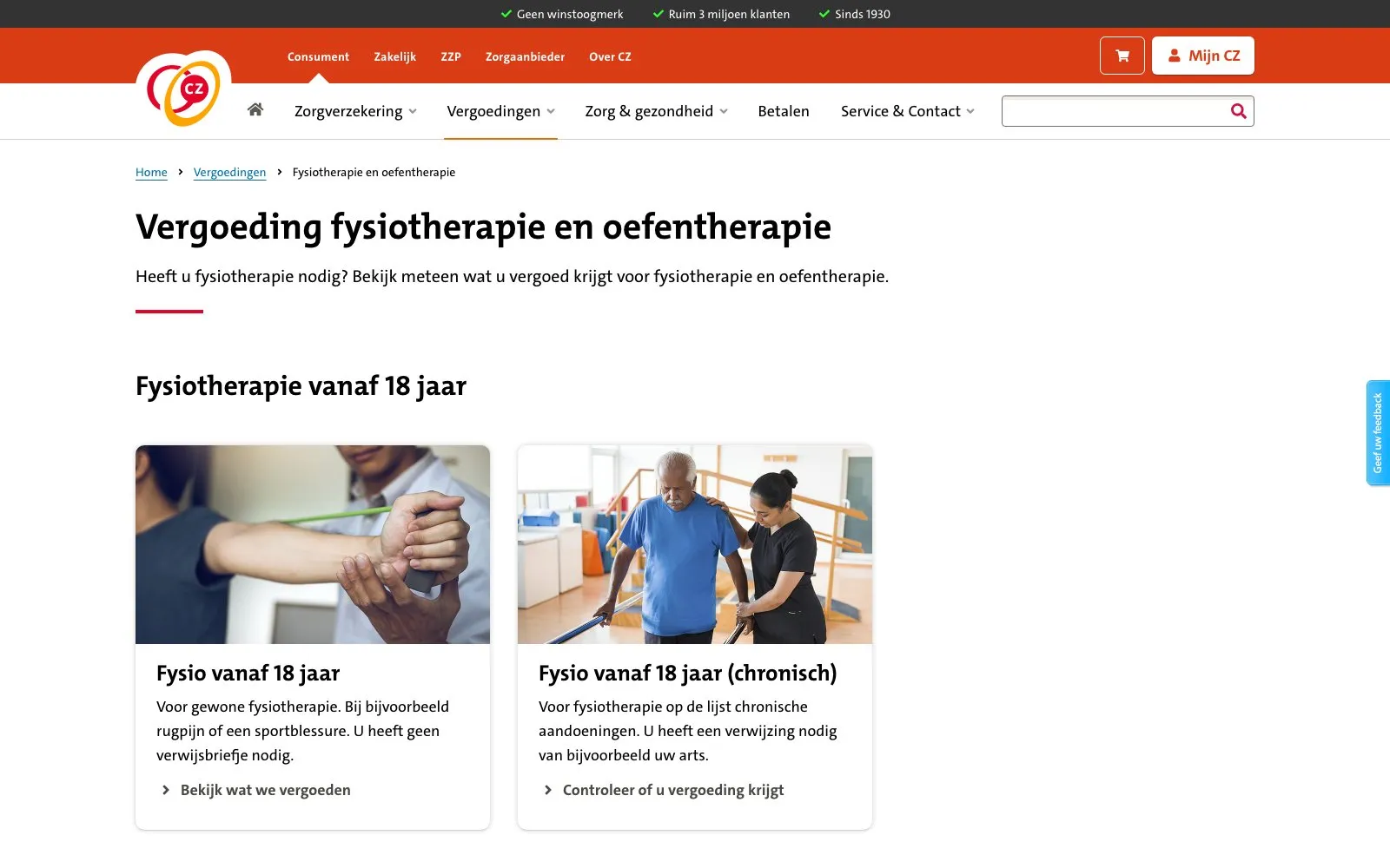 Screenshot of CZ Vergoedingen