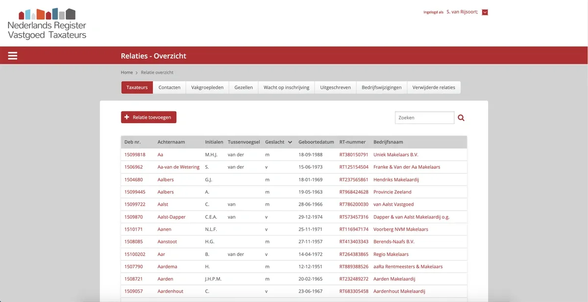 Screenshot of Nederlands Register Vastgoed Taxateurs