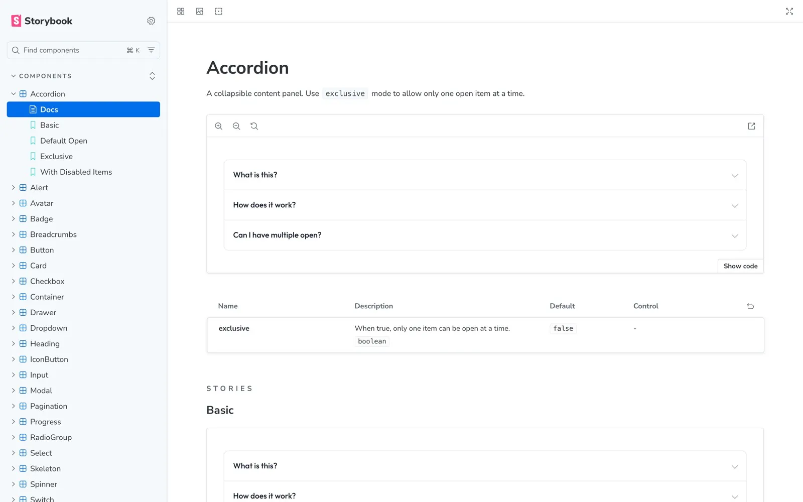 Screenshot of sander-ui Storybook