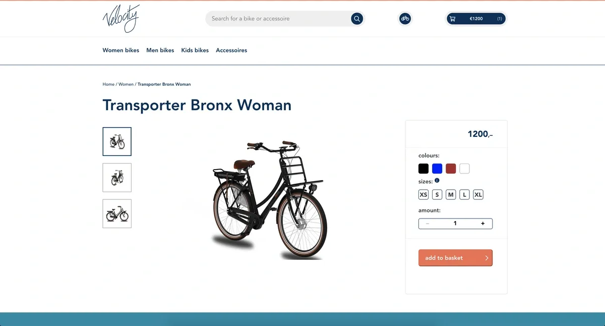 Screenshot of Velocity e-bike webshop