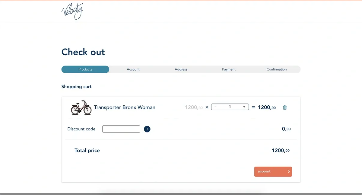 Screenshot of Velocity e-bike webshop