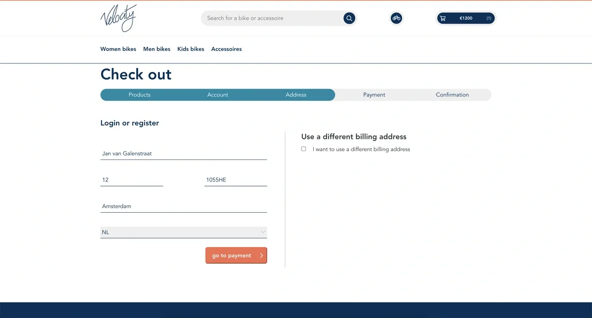 Screenshot of Velocity e-bike webshop